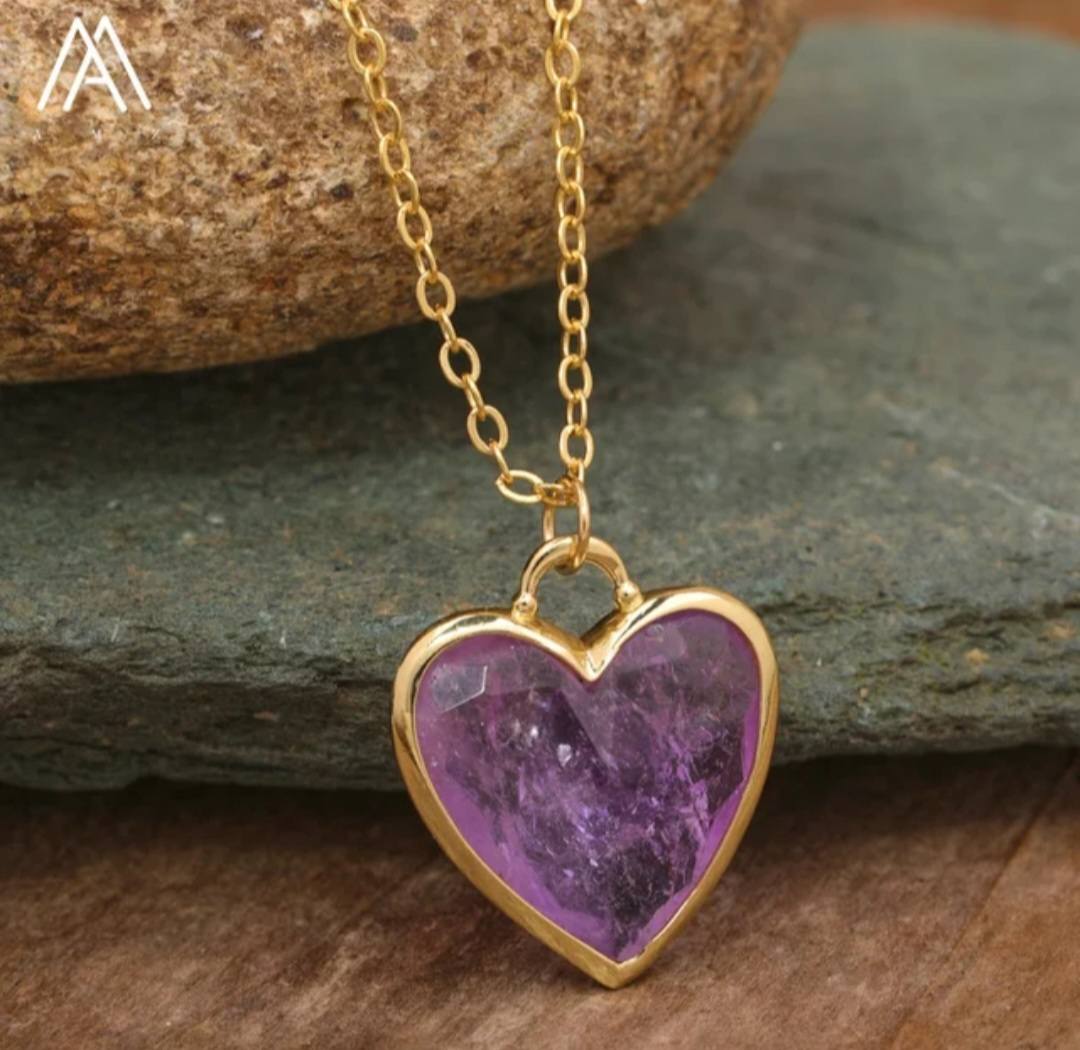 Medium Long Heart 20x20mm Designkjede - AMETYST, Gold Electroplated