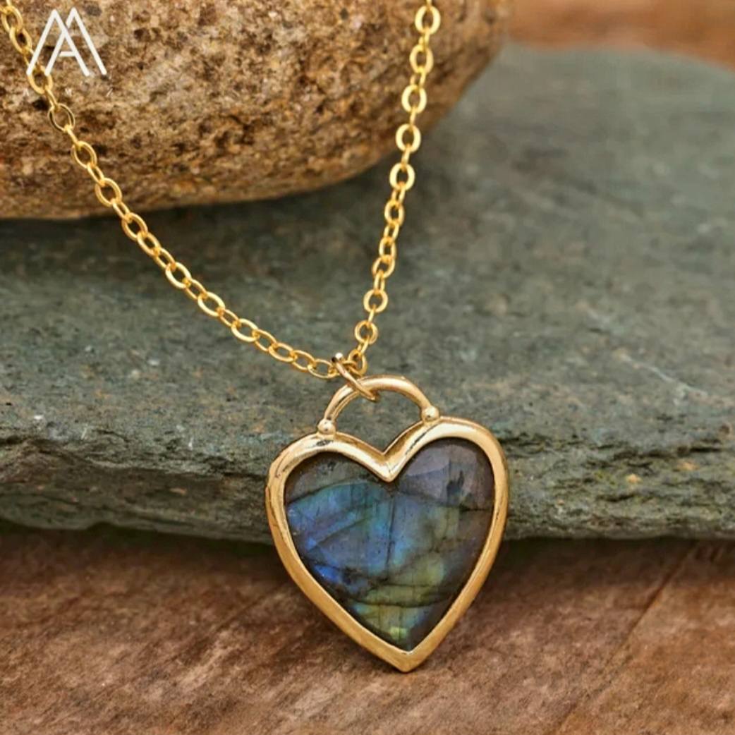 Medium Long Heart 20x20mm Designkjede - LABRADORITE, Gold Electroplated