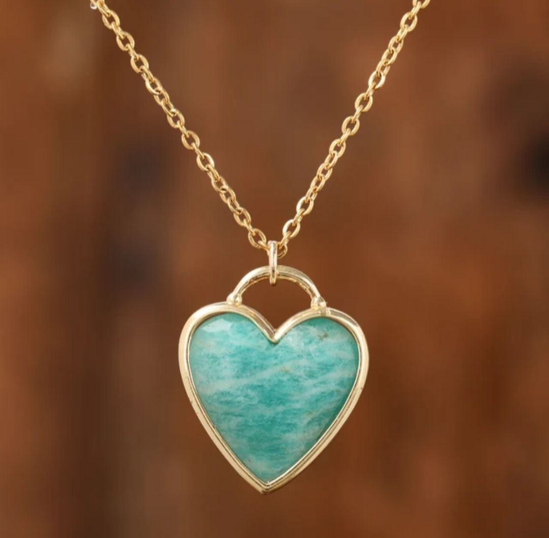 Medium Long Heart 20x20mm Designkjede - AMAZONITE, Gold Electroplated