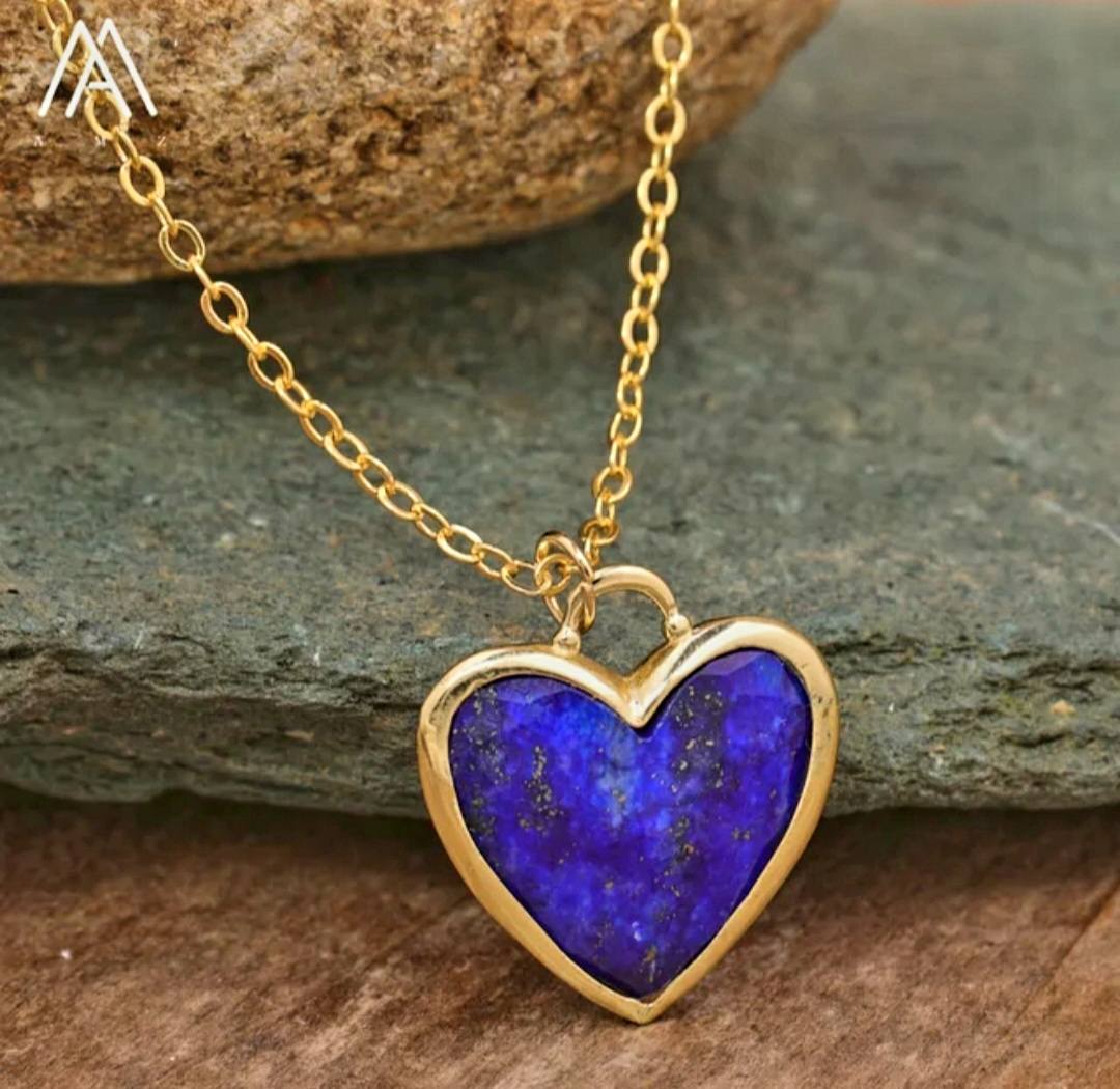 Medium Long Heart 20x20mm Designkjede - LAPIS LAZULI, Gold Electroplated