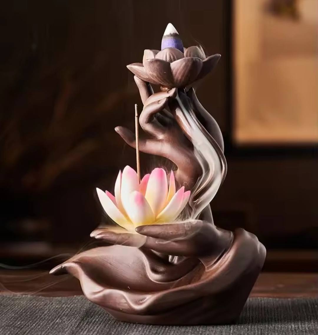 BUDDHA'S Hand Zen Heart - LED Light Circle Backflow Incence Burner w/ wood stand, 36x30x12cm