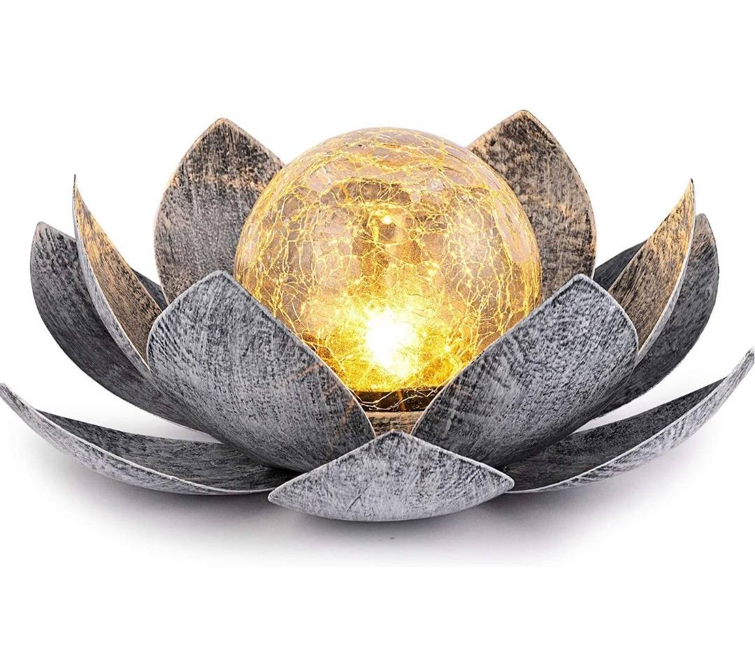 LOTUS Solar Metal Decoration Lamp w/ "Crackle Globe Glass", Purple Color - 25x25cm