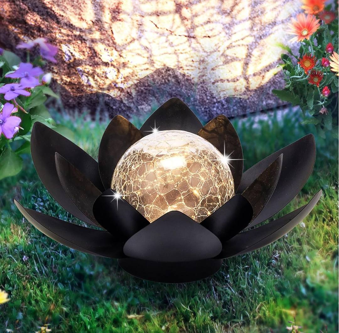 LOTUS Solar Metal Decoration Lamp w/ "Crackle Globe Glass", Purple Color - 25x25cm