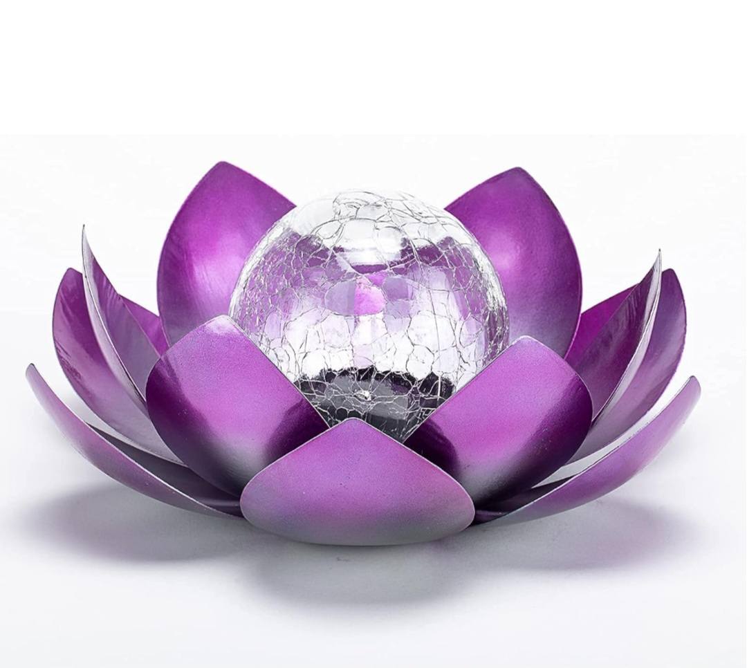 LOTUS Solar Metal Decoration Lamp w/ "Crackle Globe Glass", Purple Color - 25x25cm