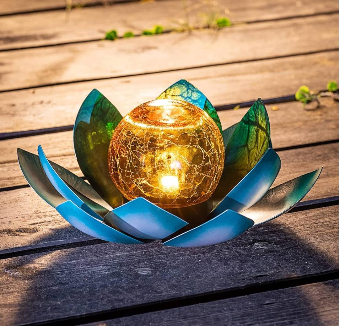 LOTUS Solar Metal Decoration Lamp w/ "Crackle Globe Glass", Purple Color - 25x25cm