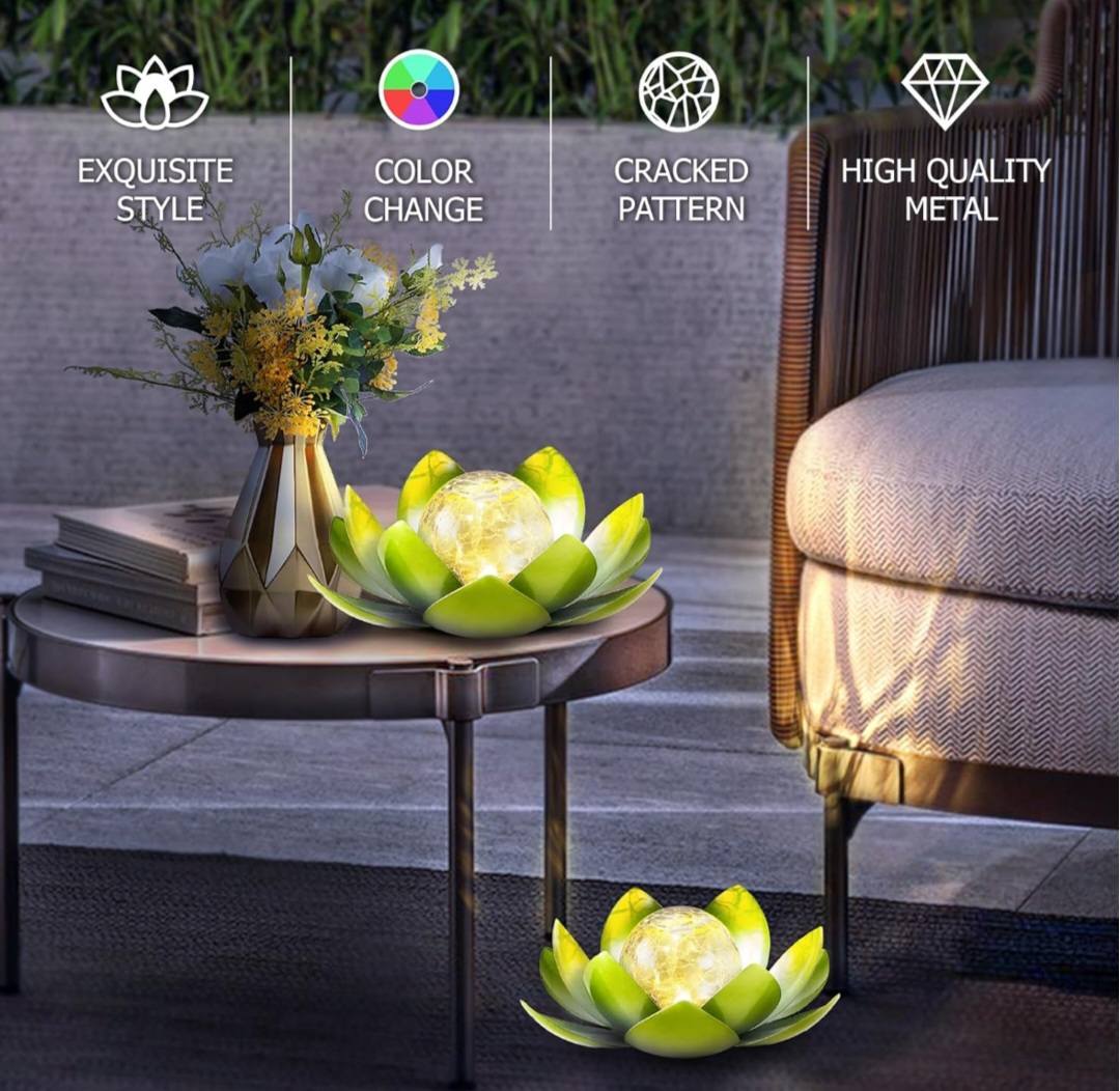 GREEN LOTUS SOLAR LED LAMP / Crackle Globe Glass Waterproof LED, 25x25cm
