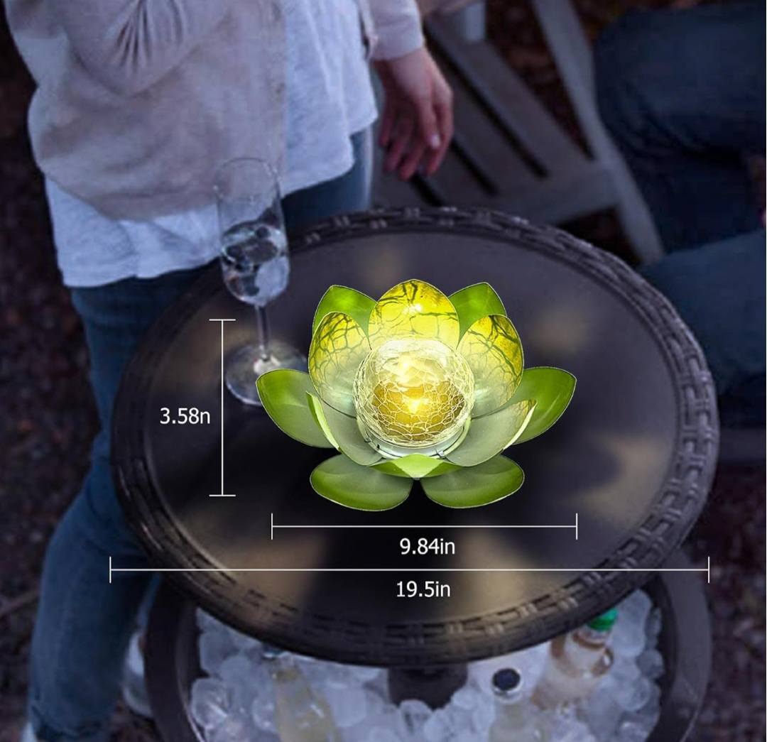GREEN LOTUS SOLAR LED LAMP / Crackle Globe Glass Waterproof LED, 25x25cm