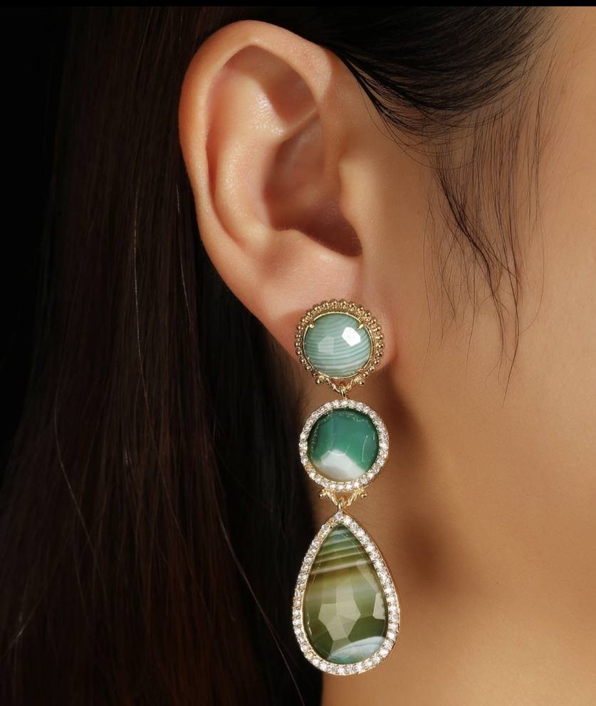Nye MICCI DESIGN natural Green AGATE Long Drop Øredobber, 58x17mm 24KGold Electroplated