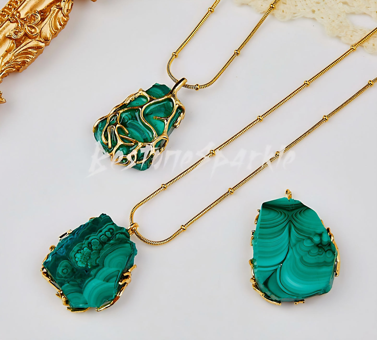 New Raw Malachite Pendant Slab Gold Necklace, “Stone of Transformation”, May Birthstone, 24K Gold-Plated Chain