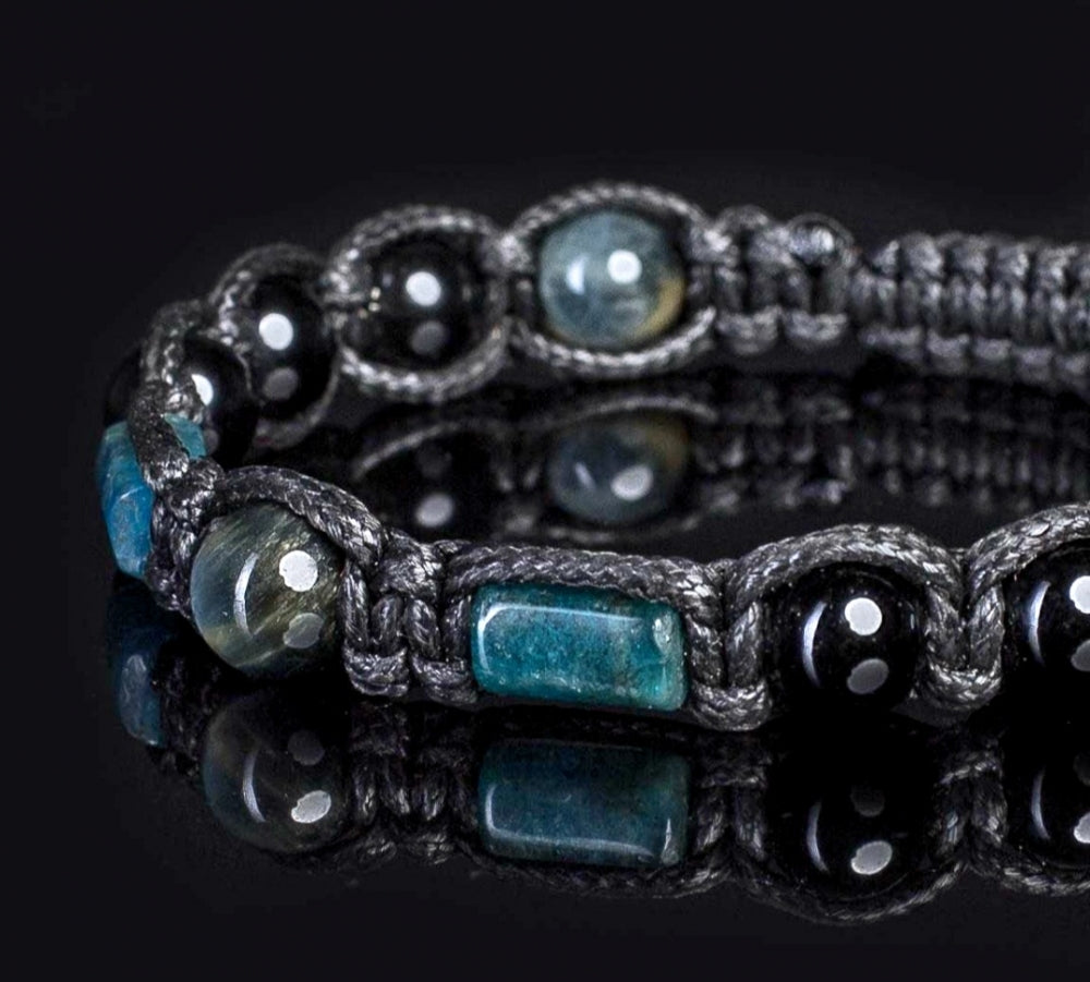MÅNEDENS UTVALGTE / Trendy og Exclusivt Shambhala ArmbÅnd , Apatite og BlÅ Tigerøye ( Hawks Eye ) og Sort Onyx