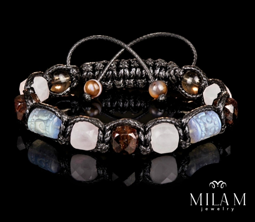 New Design / Trendy og Exclusivt Shambhala ArmbÅnd, Rose Quartz, Garnet, Labradorite, Smoky Quartz - Unisex - Just