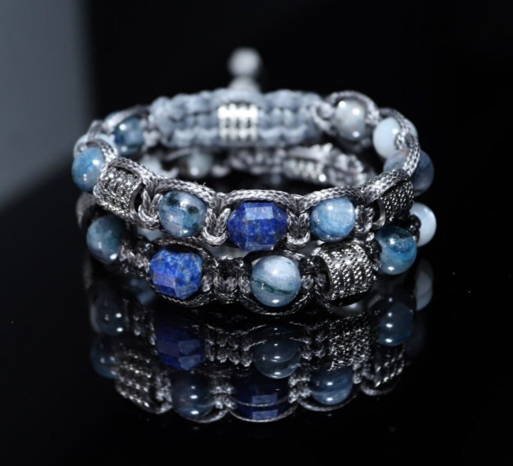 Trendy og Exclusivt DUO Shambhala ArmbÅnd , Blue Kyanite og Lapis Lazuli, unisex og justerbare