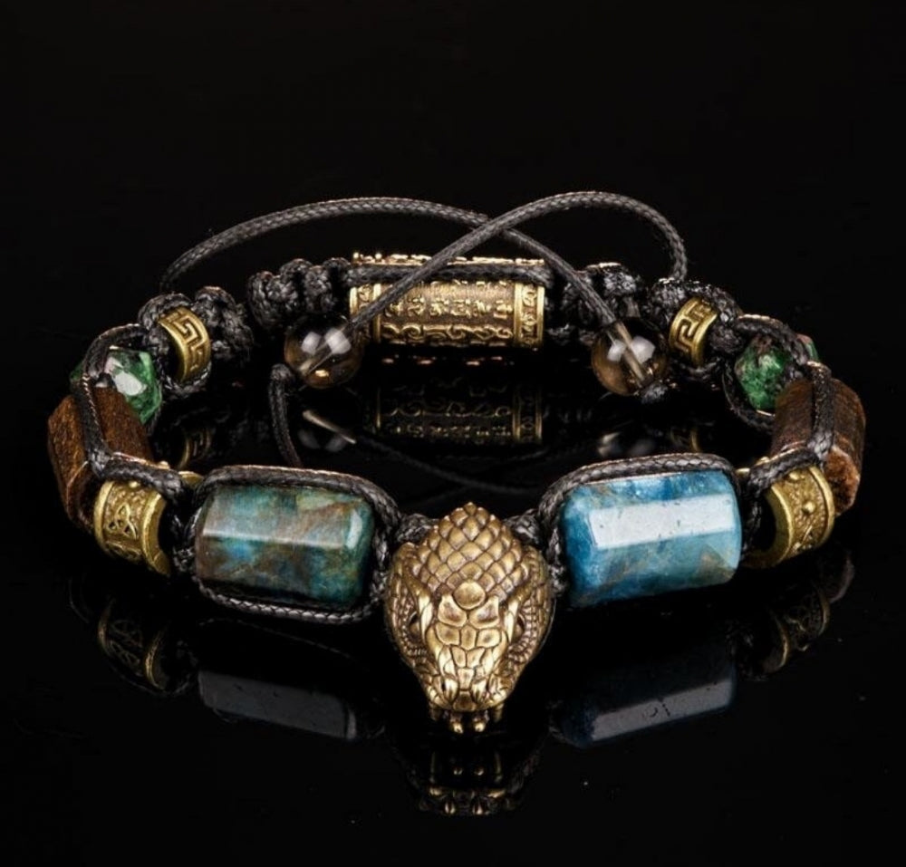 Trendy og Exclusivt Shambhala ArmbÅnd, SNAKEHEAD - Strength • Apatite, Bronzite, Ruby in Zoisite, - unisex , Justerbar