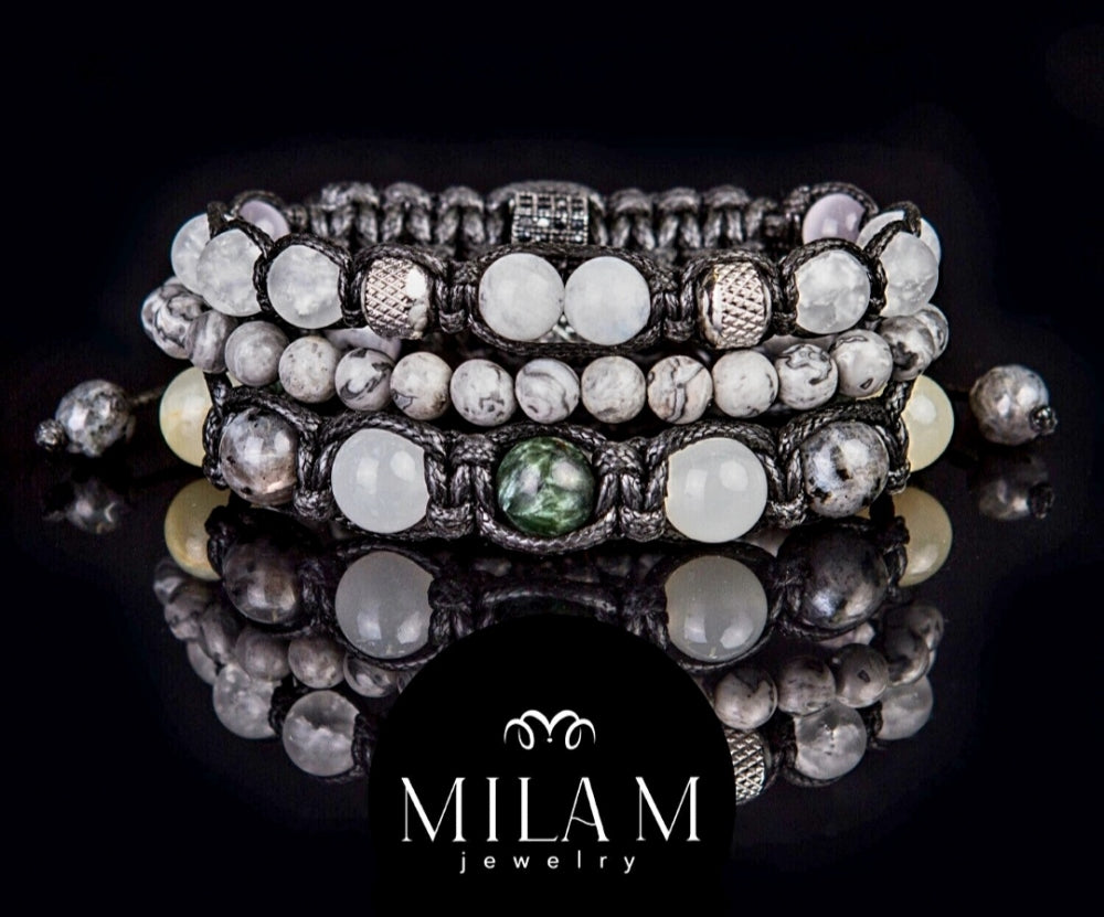 KAMPANJE / Trendy og Exclusivt Shambhala ArmbÅnd, Triple Stone Design med Moonstone * Seraphinite * Onyx * Gray Jasper