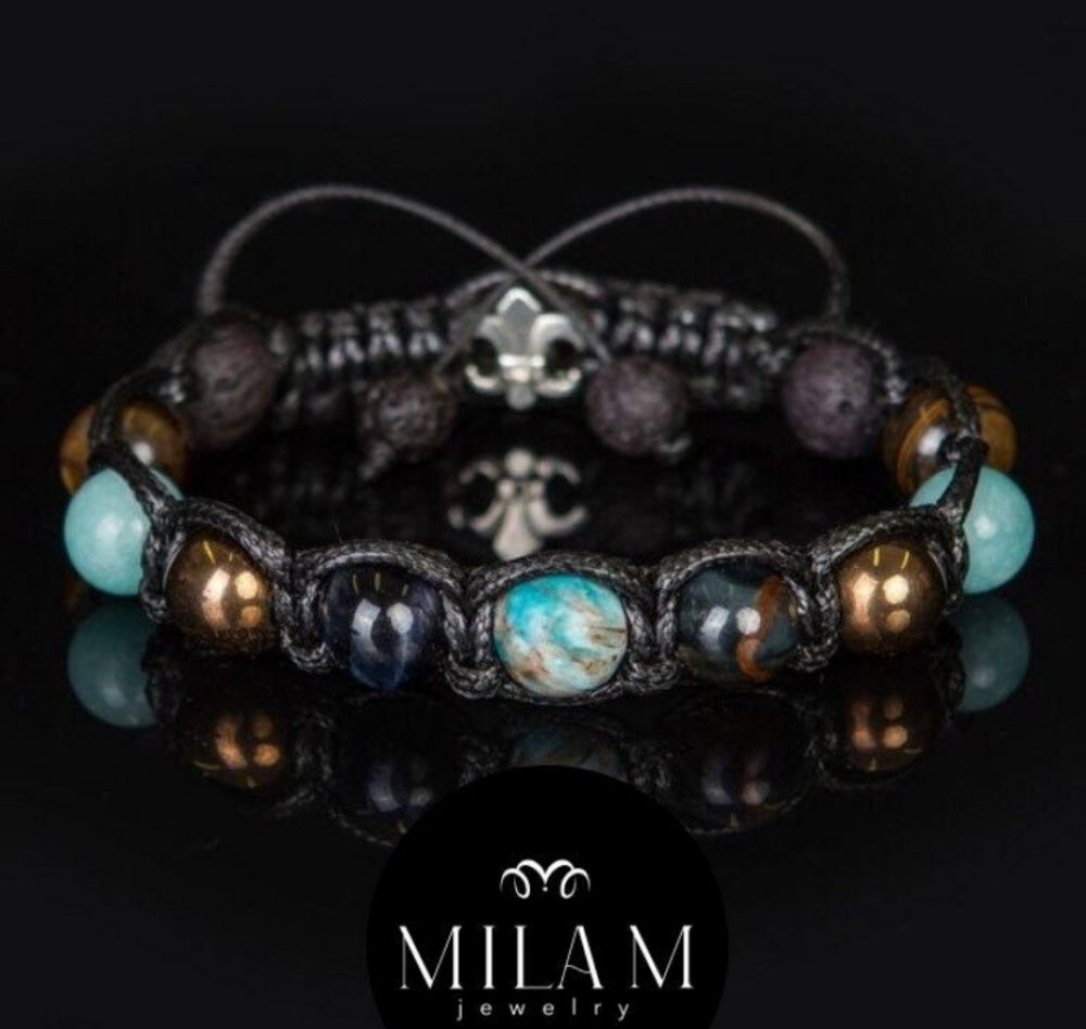 Trendy og Exclusivt Shambhala ArmbÅnd , Apatite, blue Tiger eye, Aquamarine, Tiger eye gemstone , unisex og justerbare
