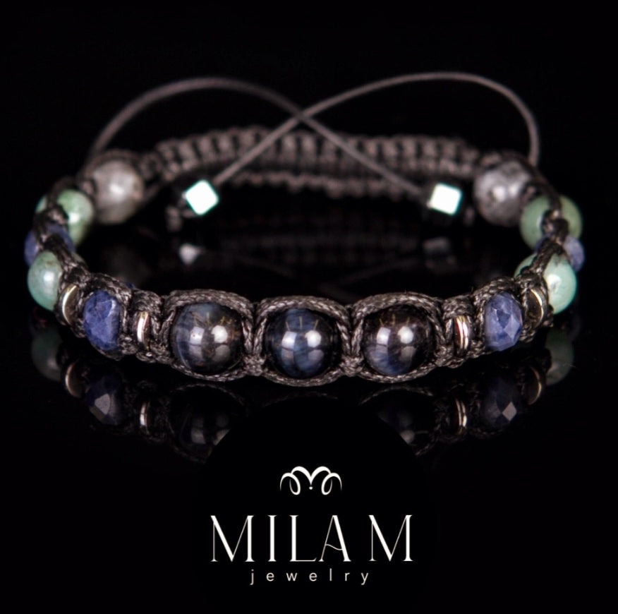 Trendy og Exclusivt Shambhala ArmbÅnd, Raw Sapphire, Blue Tigereye, African Emerald, Hematite Unisex og justerbare