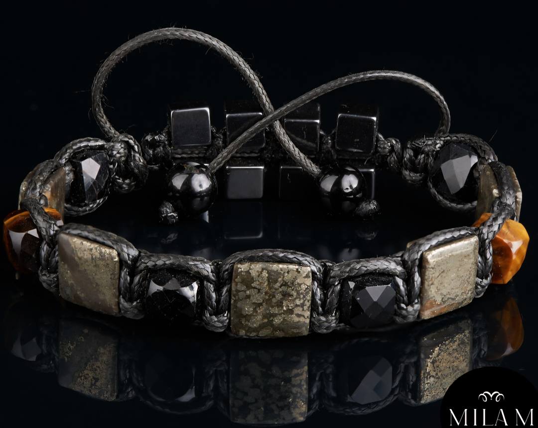 New 2025 Design / Trendy og Exclusivt Shambhala Armbånd , Gemstone Bracelet for Abundance, Wealth, Black Tourmaline, Pyrite, Tiger eye, Hematite