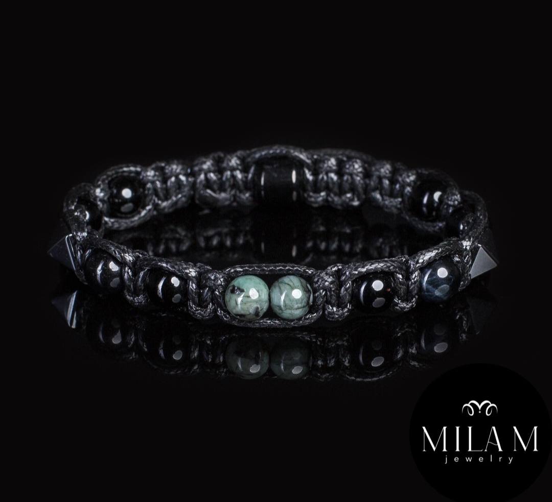 MÅNEDENS UTVALGTE / Trendy og Exclusivt Shambhala ArmbÅnd , 2xAfrican Emarald, Blue Tigereye, Hematite, Sort Turmaline unisex og justerbar