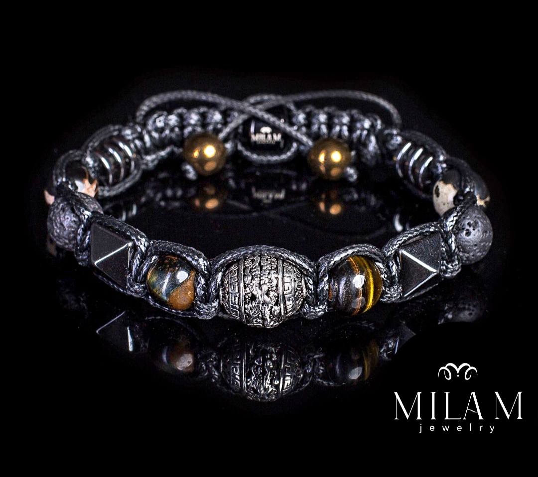 Trendy og Exclusivt Shambhala ArmbÅnd, Silver DRAGON med Tigerøye / Turmaline Stones , unisex og justerbare