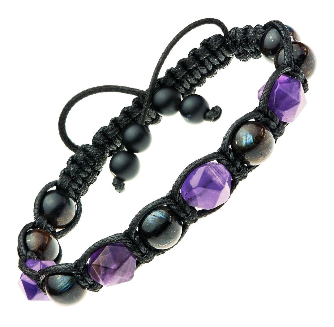 MÅNEDENS UTVALGTE / Trendy og eksklusivt Chambhala Armbånd, Amethyst • Astrophyllite• Unisex Bracelet for Men and Women. Men's Bracelet. Purple-black stones, 8 mm beaded bracelet
