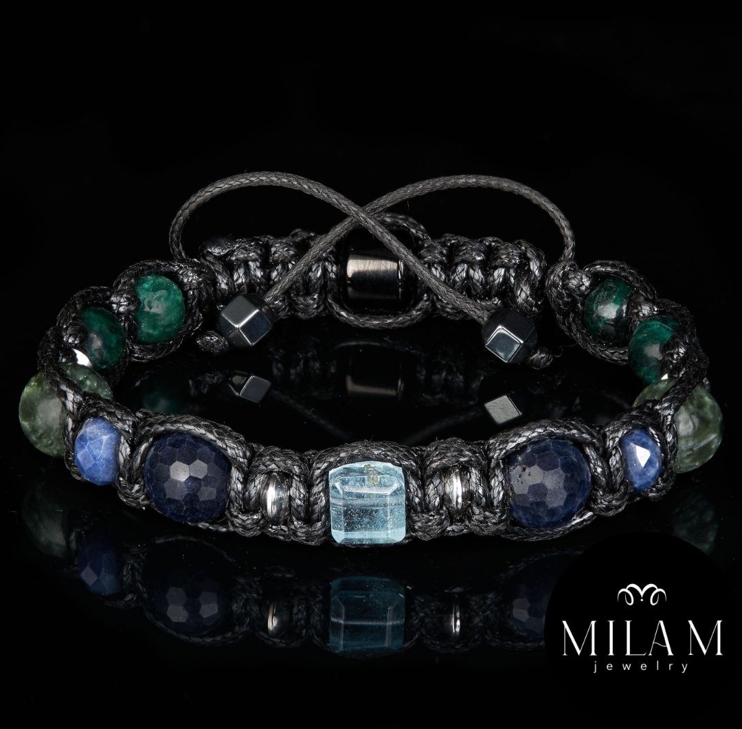 New Braided Black Cord Bracelet with Cube Blue Topaz, Natural Sapphire, Seraphinite, Emerald Fuchsite • Prosperity Manifest Wealth Success