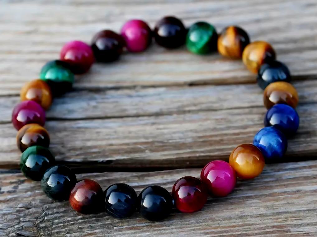 Nye Multicolor Tiger Eye armbånd, 8mm kuler - fleksible - unisex..