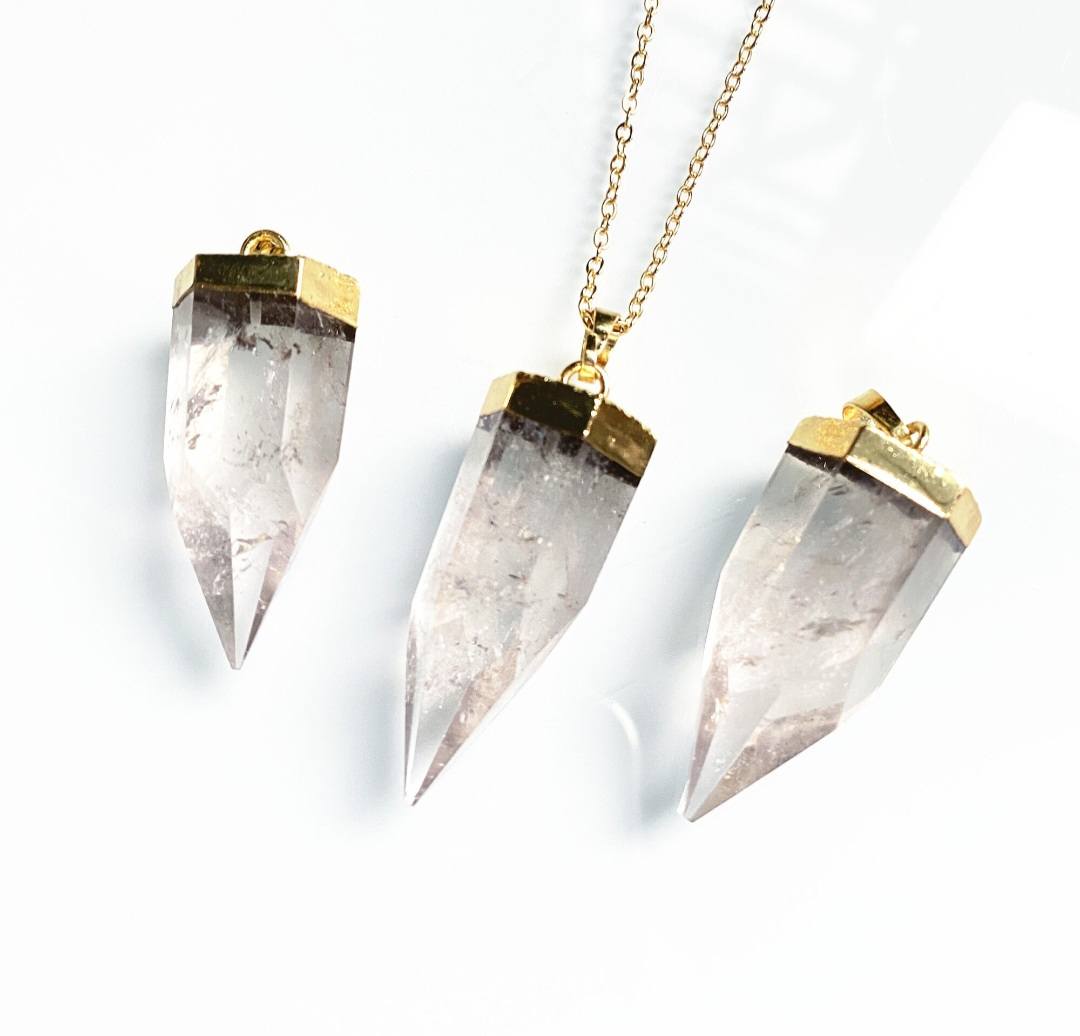 Klar Kvarts spissanheng med kjede, Goldplated