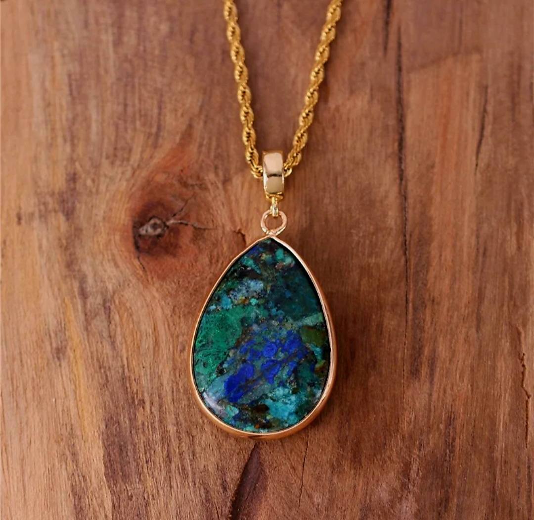 Nye MICCI Design Kjede med 23x17mm Oval Chrysocolla Anheng , Gold Electroplated