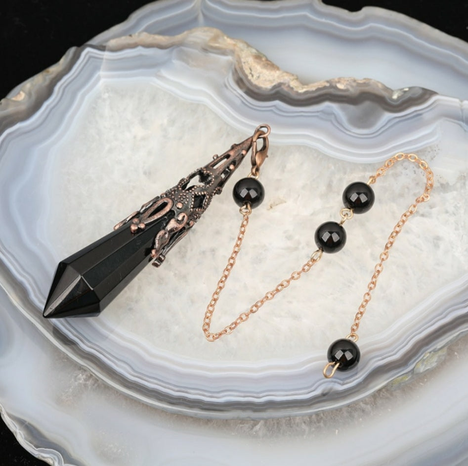 Nye, hÅndlagede pendler i Indisk Design, Sort Obsidian med lenke, 80mm