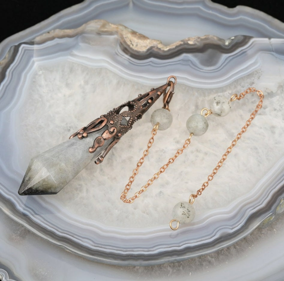 Nye, hÅndlagede pendler i Indisk Design, Labradorit med lenke, 80mm