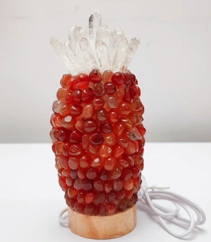 Nyhet / Ny, stor og hÅndlaget " Pineapple " Red Agate t Stone Ledlampe med dekorativ Crystal Top Decor..18x8cm