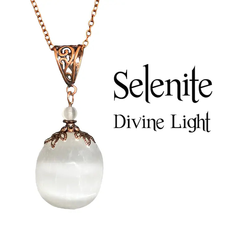 Nye, håndlagede Selenite Anheng m/kjede SPIRITUAL ACTIVATION ~ COMMUNICATION WITH THE HIGHER SELF, Silverplated..