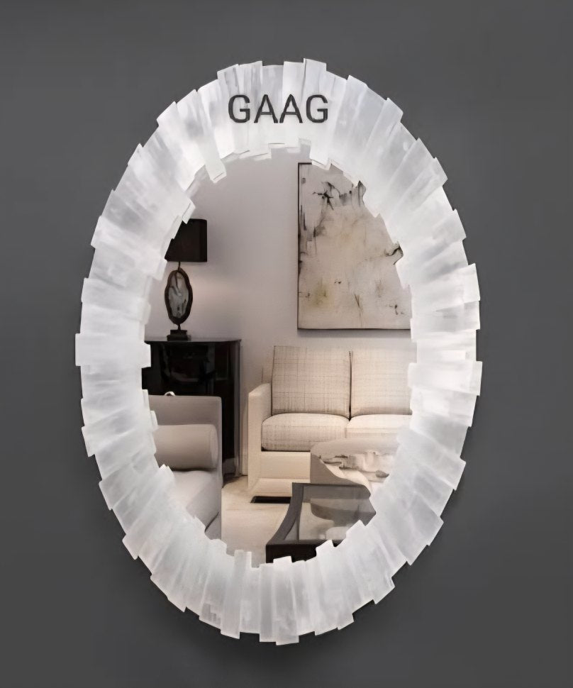 Eksklusive, håndlagede natural round Selenite Veggspeil, 45cm