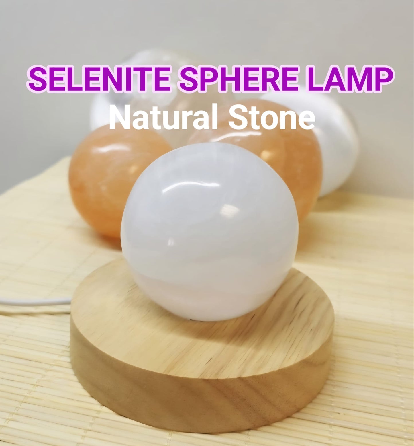 SELENITE Sphere Lampe i kuledesign, inkl. oppladbar USB trebase, medium ca. 10cm inkl. Lysjustering