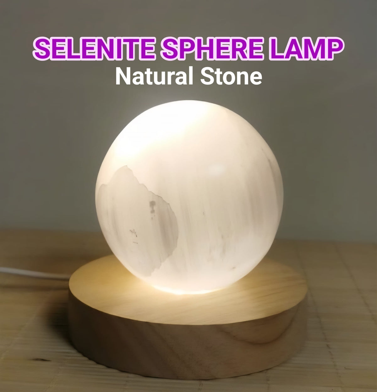 SELENITE Sphere Lampe i kuledesign, inkl. oppladbar USB trebase, Large ca. 8cm inkl. lysjustering