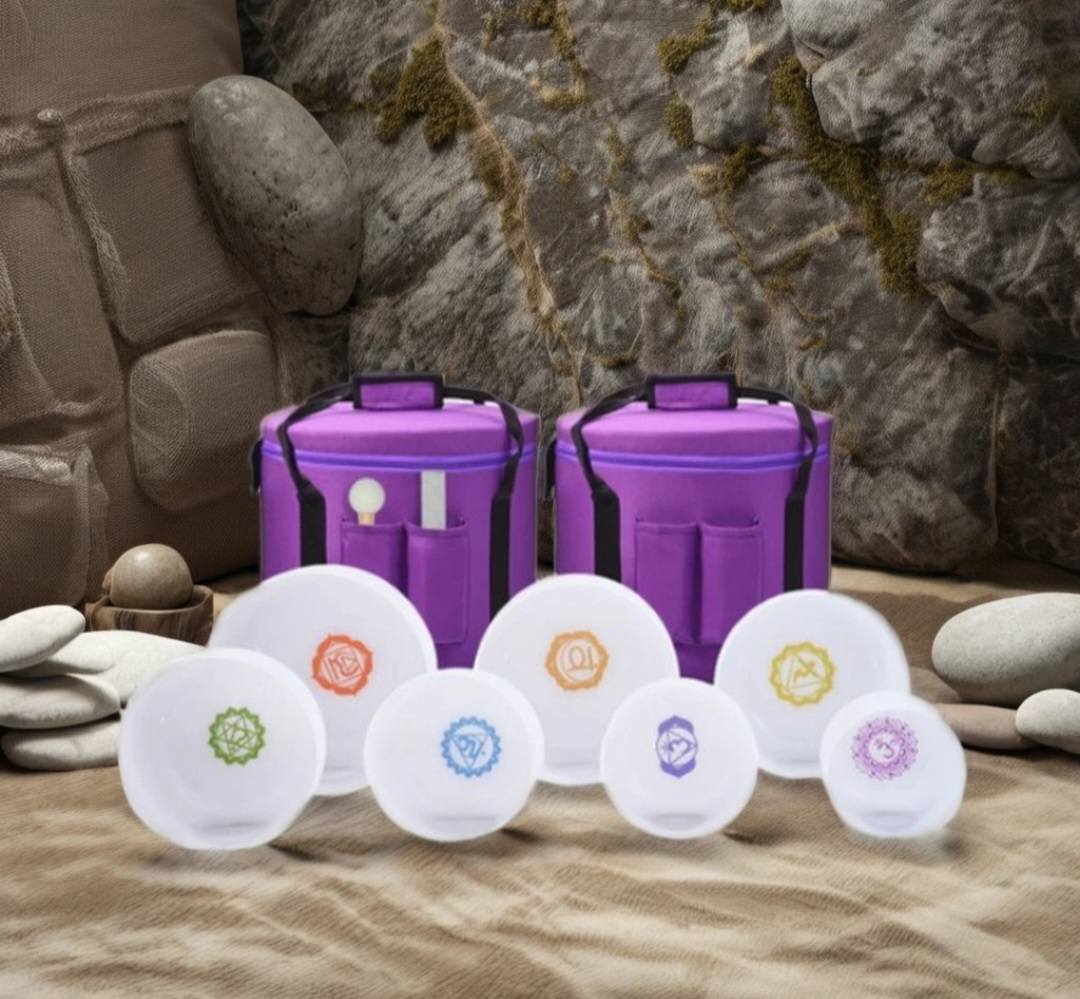 Crystal Singing Bowls Set 432Hz 6"-12" - Chakra Quartz Sound Bowls - Including Mallets, Carrying Bags, 7 x Frosted White Quartz Bowls