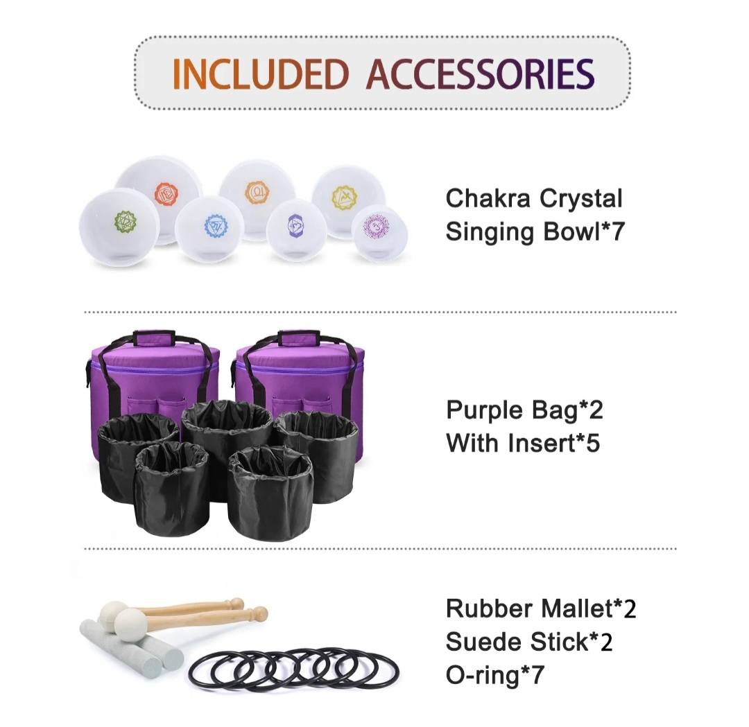 Crystal Singing Bowls Set 432Hz 6"-12" - Chakra Quartz Sound Bowls - Including Mallets, Carrying Bags, 7 x Frosted White Quartz Bowls