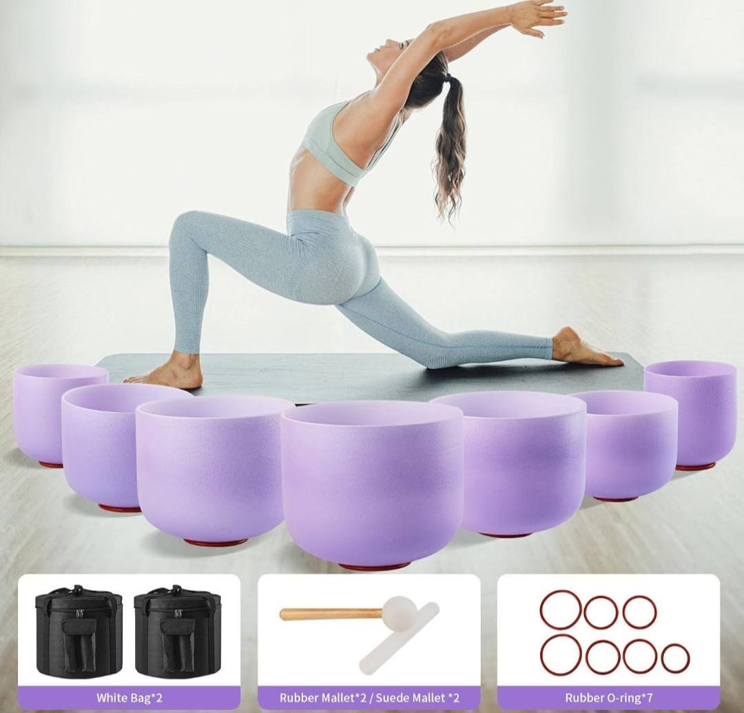 Crystal Singing Bowls Set 432Hz 6"-12" - Chakra Quartz Sound Bowls - Including Mallets & Carrying Bags, 7 x Frosted Purple Quartz Bowls