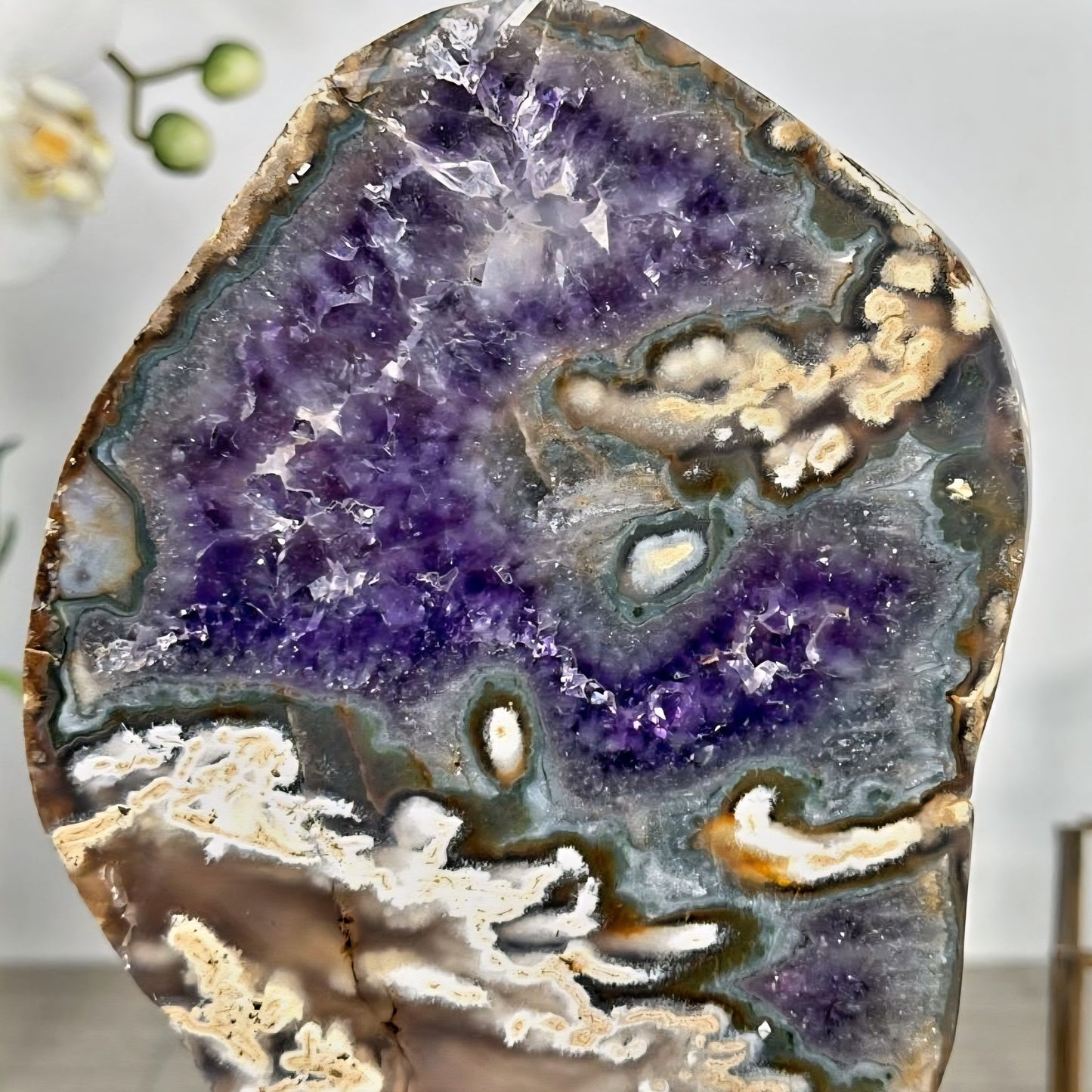 Unique Amethyst & Agate Polished Slice, Decorative Portals, Custom Metal Stand, MWS2323, 26.5 x 13cm