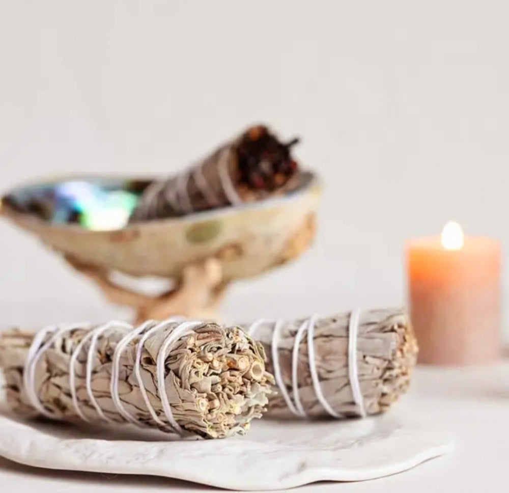 Sage Smudge Kit with Feather, White Sage Bundle, Abalone Shell + Stand, Chakra Bracelet, Instructions | Smoke Cleanse Home Cleanse Kit