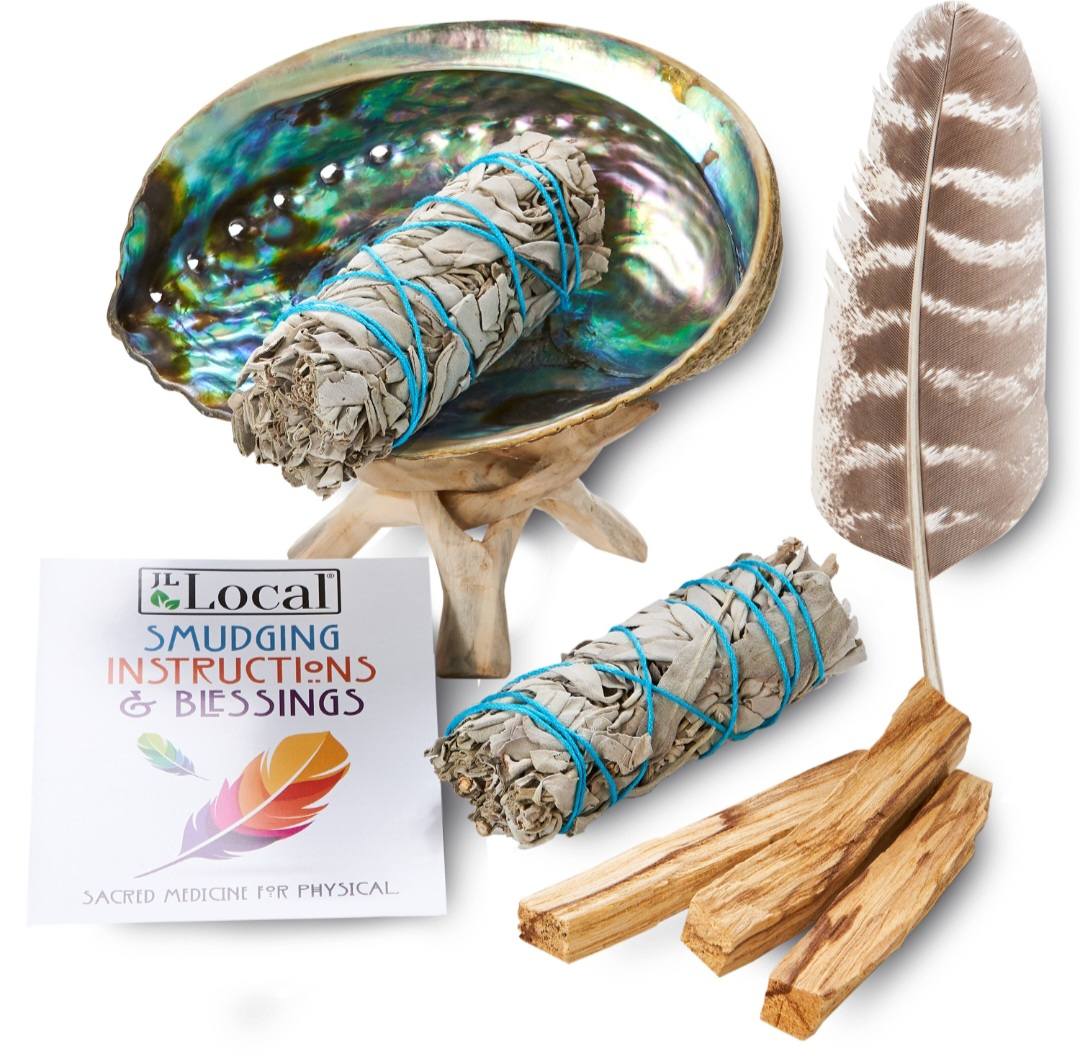 White Sage Smudge Kit with Feather, 2 Sage Bundles, 3 Palo Santo Sticks, Abalone Shell + Stand | Home Smoke Cleanse Kit | House Cleansing
