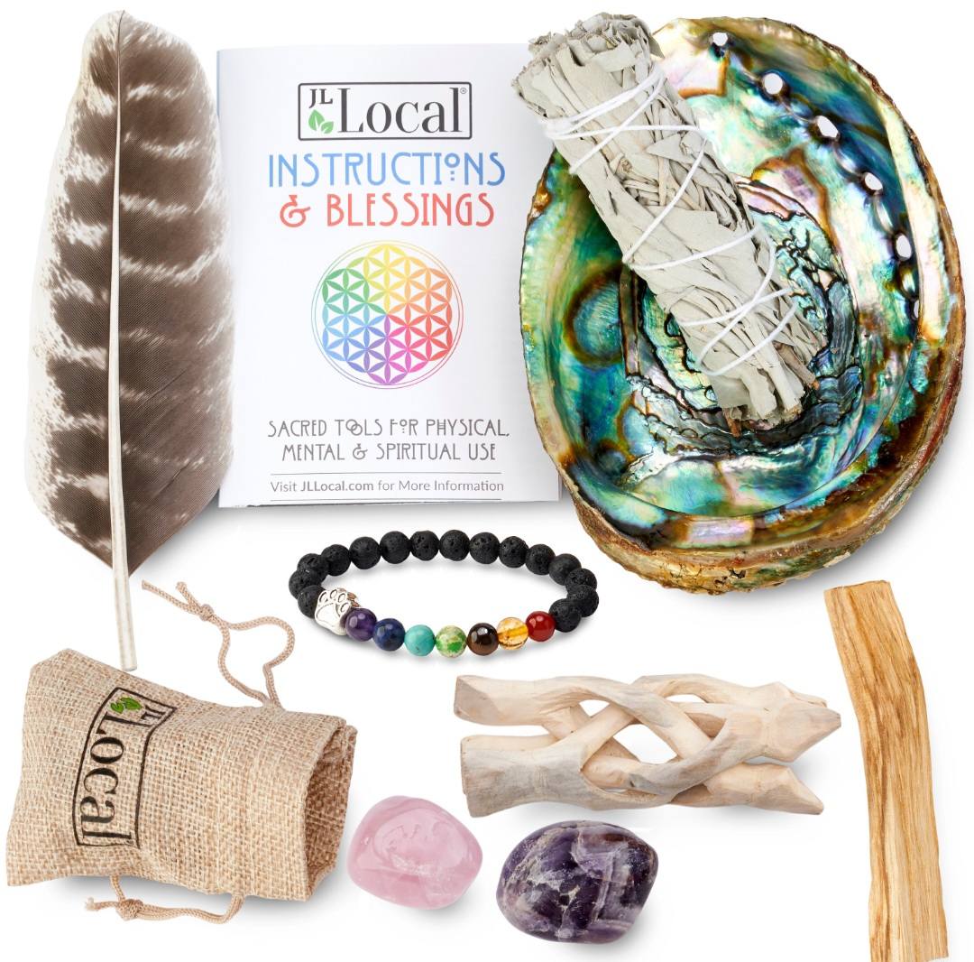 2025 Sage Smudge Kit with Feather, White Sage, Palo Santo, Abalone Shell + Stand, Rose Quartz Stone, Amethyst Stone | Smoke Cleanse Home Cleanse
