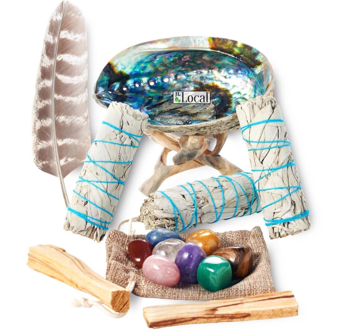 2025 White Sage Premium Smudge Kit + Feather, 3 Sage Bundles, 2 Palo Santo Sticks, Abalone Shell + Stand, 8 Chakra Healing Stones / Crystals For Smudging