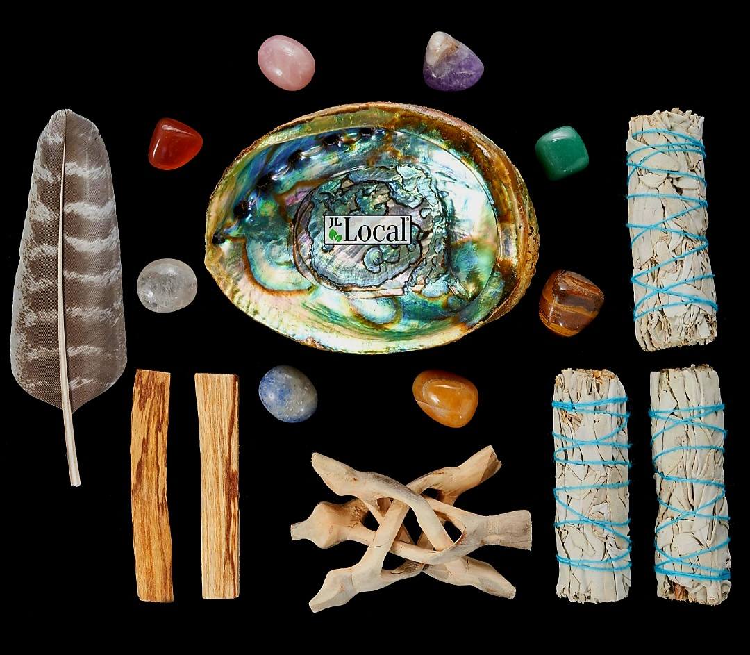 2025 White Sage Premium Smudge Kit + Feather, 3 Sage Bundles, 2 Palo Santo Sticks, Abalone Shell + Stand, 8 Chakra Healing Stones / Crystals For Smudging