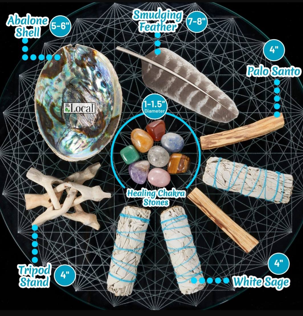 2025 White Sage Premium Smudge Kit + Feather, 3 Sage Bundles, 2 Palo Santo Sticks, Abalone Shell + Stand, 8 Chakra Healing Stones / Crystals For Smudging