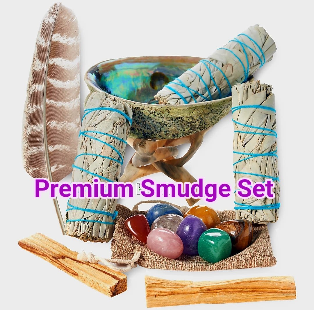 2025 White Sage Premium Smudge Kit + Feather, 3 Sage Bundles, 2 Palo Santo Sticks, Abalone Shell + Stand, 8 Chakra Healing Stones / Crystals For Smudging