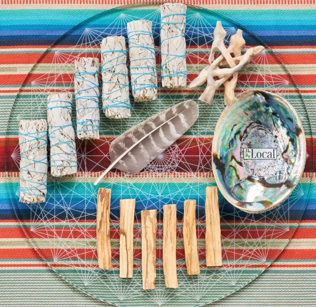 White Sage Smudge Kit with Feather, 6 Sage Bundles, 6 Palo Santo Sticks, Abalone Shell + Stand | Home Smoke Cleanse Kit | House Cleansing