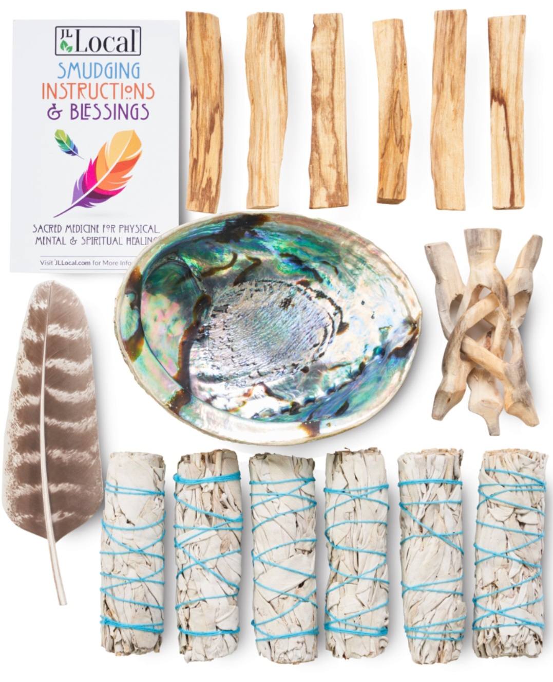 White Sage Smudge Kit with Feather, 6 Sage Bundles, 6 Palo Santo Sticks, Abalone Shell + Stand | Home Smoke Cleanse Kit | House Cleansing