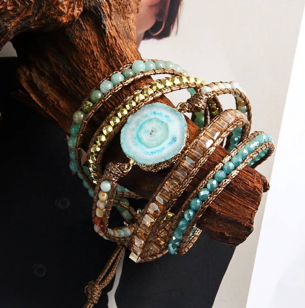 NYHET 2025 ! BOHO WRAP BRACELET 5 rader armbånd med Aqua Solar Quartz