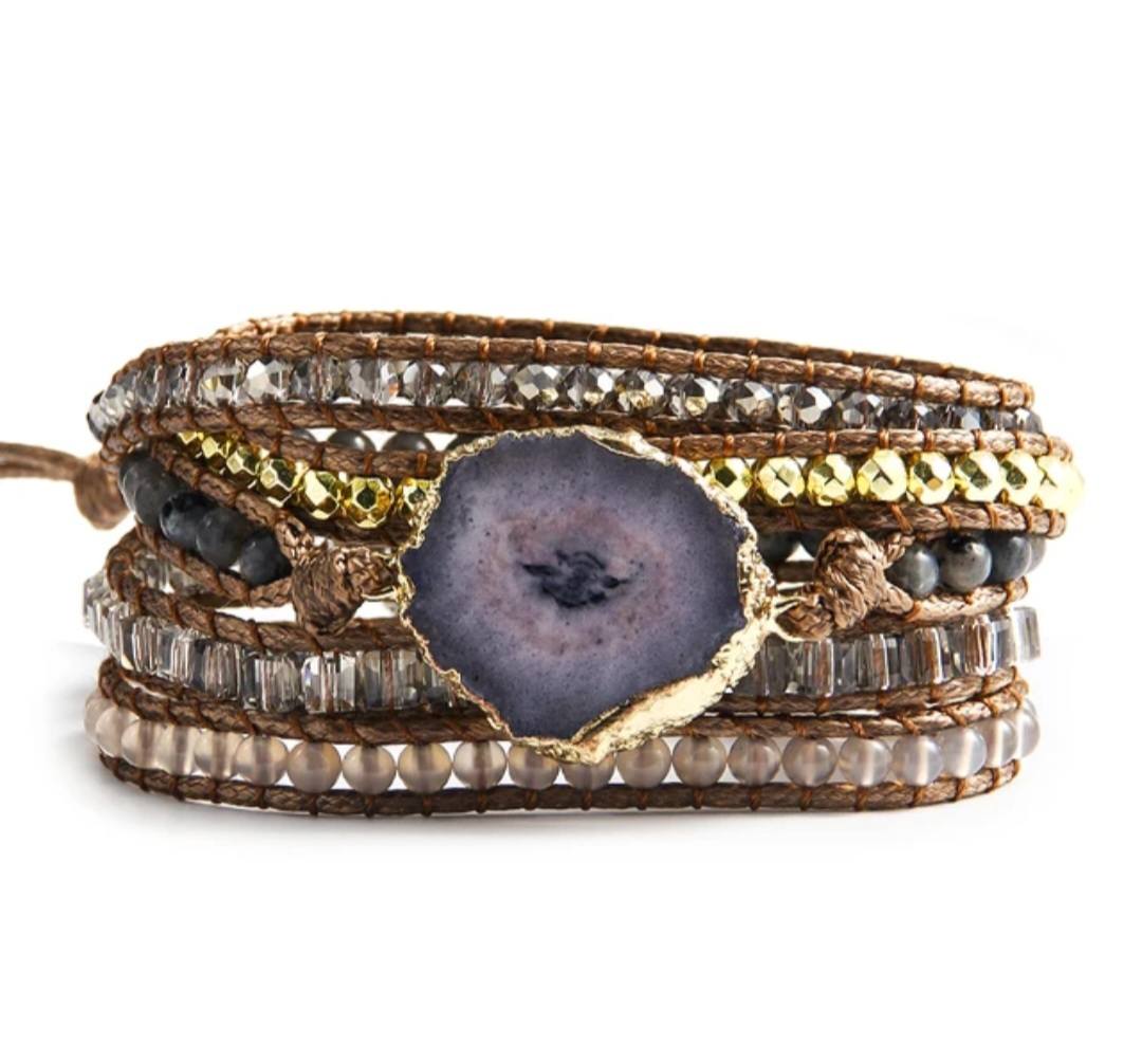 NYHET 2025 ! BOHO WRAP BRACELET 5 rader armbånd med Lilla Solar Quartz